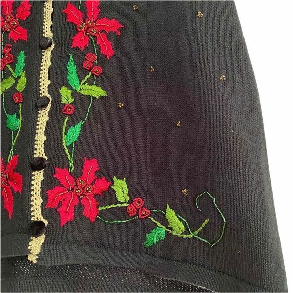 Vintage Christmas Poinsettia Beaded Embroidered Black Red Green Sweater Vest XL - Picture 2 of 7